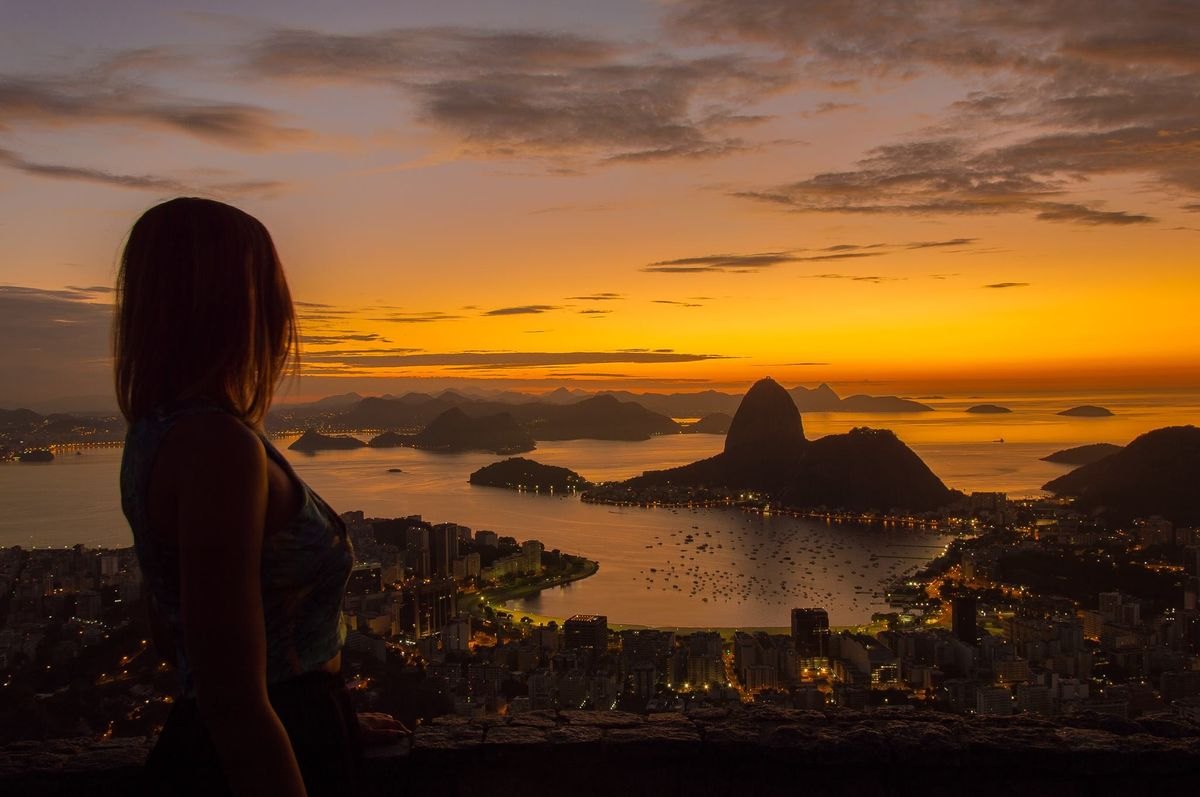 Panoramic view of Rio de Janeiro from Mirante Dona Marta at sunset.